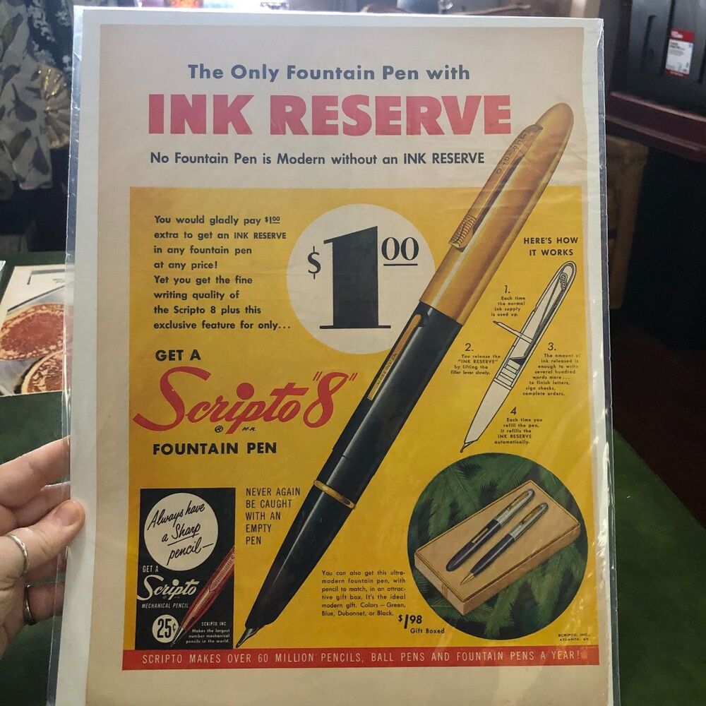 Vintage 1950s Scripto 8 Fountain Pen Magazine Advertisement MCM Office Decor Ad